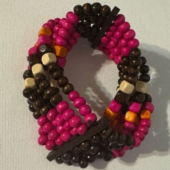 Vintage Y2K Womens Chunky Pink Brown Layered Beaded Cuff Bracelet Boho Western - Picture 1 of 4
